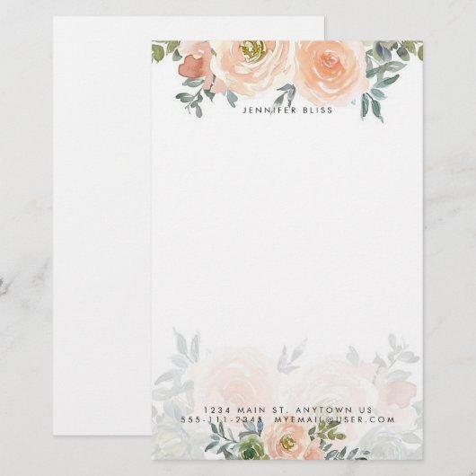 Blush en groene waterverf floral gepersonaliseerd briefpapier (Voorkant / Achterkant)