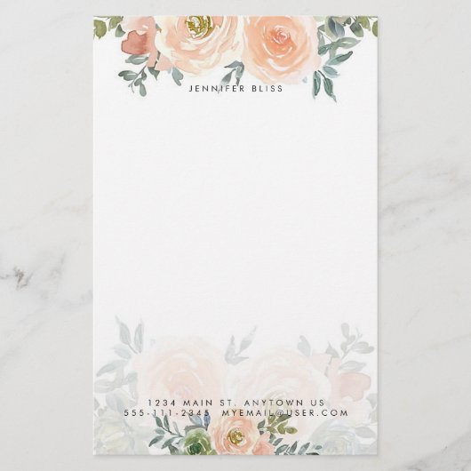 Blush en groene waterverf floral gepersonaliseerd briefpapier (Voorkant)