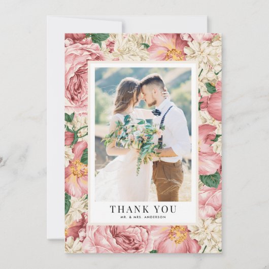  Blush en Ivory Flowers Weddenfoto Bedankkaart (Voorkant)