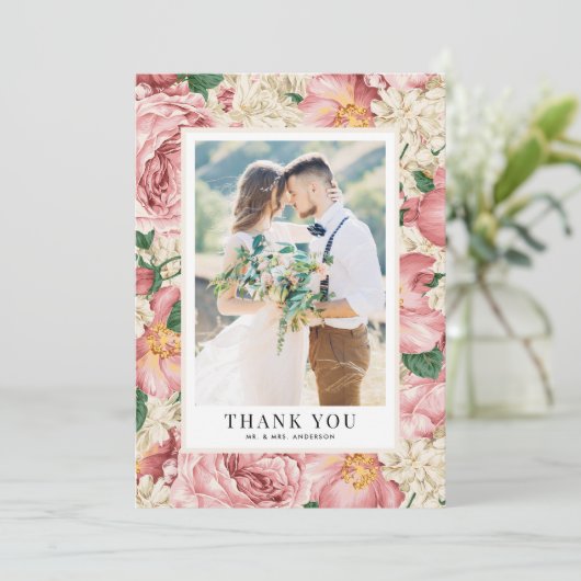  Blush en Ivory Flowers Weddenfoto Bedankkaart (Staand voorkant)
