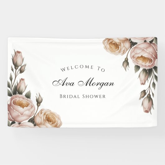 Blush en Ivory Rose Bloemige Bruidsdouche Spandoek (Horizontaal)