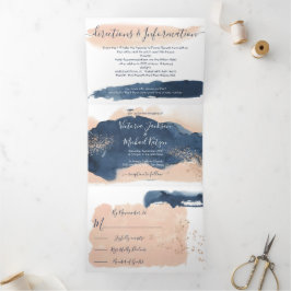 Blush en marine moderne bruiloft drievoudige uitno drieluik uitnodiging