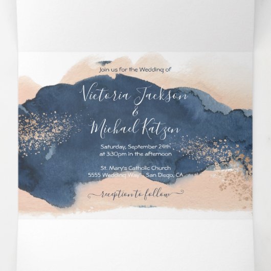 Blush en marine moderne bruiloft drievoudige uitno drieluik uitnodiging (Binnenkant midden)