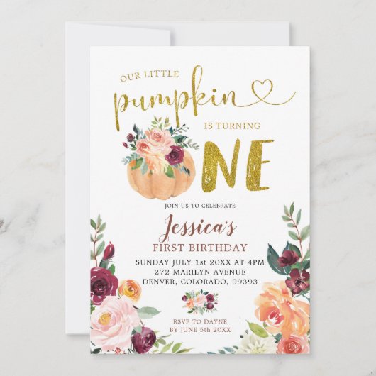 Blush en Marsala Pumpkin Floral eerste verjaardag  Kaart (Voorkant)