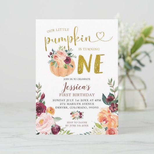 Blush en Marsala Pumpkin Floral eerste verjaardag  Kaart (Staand voorkant)