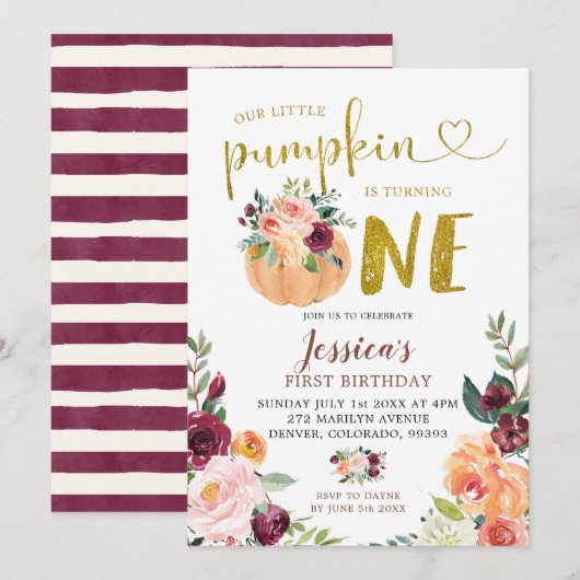 Blush en Marsala Pumpkin Floral eerste verjaardag  Kaart (Voorkant / Achterkant)