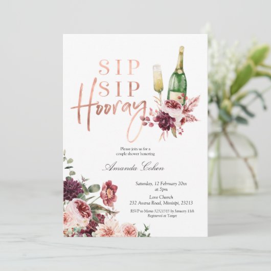 Blush en Marsala Sip Hoera Uitnodiging (Staand voorkant)