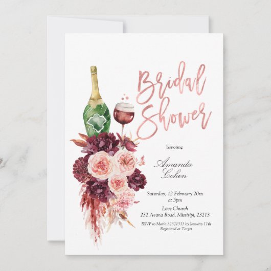 Blush en Marsala wijn bruids douche uitnodiging (Voorkant)