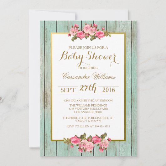 Blush en Munt - Baby shower Floral Invitation Kaart (Voorkant)