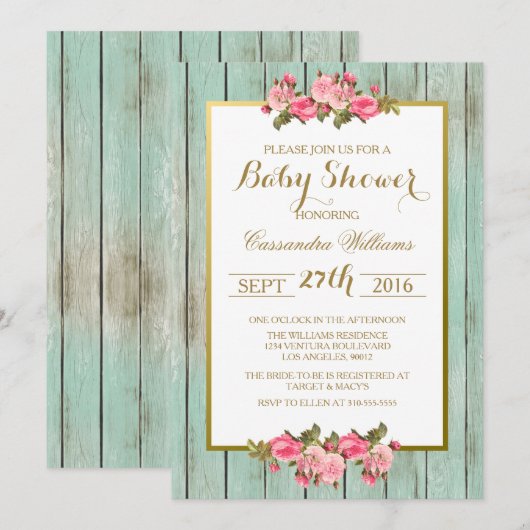 Blush en Munt - Baby shower Floral Invitation Kaart (Voorkant / Achterkant)