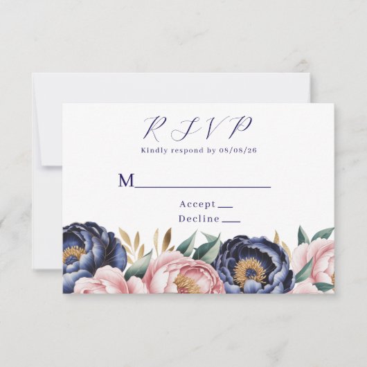 Blush en Navy blauwe pioen bruiloft RSVP Kaartje (Voorkant)