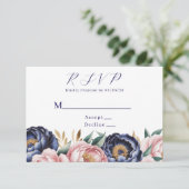 Blush en Navy blauwe pioen bruiloft RSVP Kaartje (Staand voorkant)