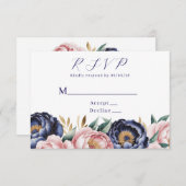 Blush en Navy blauwe pioen bruiloft RSVP Kaartje (Voorkant / Achterkant)