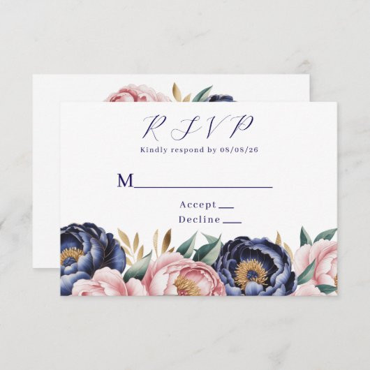 Blush en Navy blauwe pioen bruiloft RSVP Kaartje (Voorkant / Achterkant)