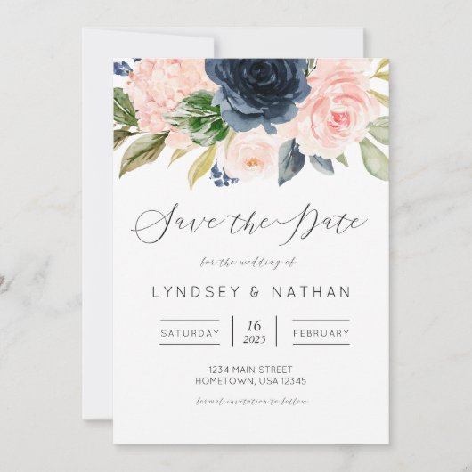 Blush en Navy Bloemen Bruiloft Save the Date Kaart (Voorkant)