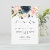 Blush en Navy Bloemen Bruiloft Save the Date Kaart (Staand voorkant)