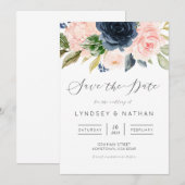 Blush en Navy Bloemen Bruiloft Save the Date Kaart (Voorkant / Achterkant)