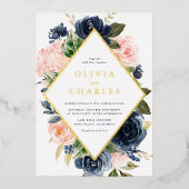 Blush en Navy Bloemen Lijst QR Code Huwelijk Folie Uitnodiging (Voorkant)