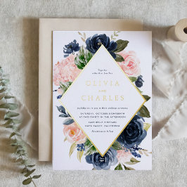 Blush en Navy Bloemen Lijst QR Code Huwelijk Folie Uitnodiging