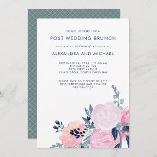 Blush en Navy Bloemen   Post Bruiloft Brunch Kaart