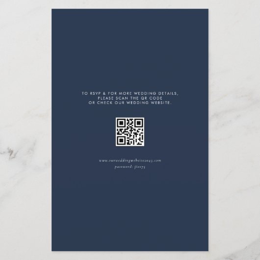 Blush en Navy Bloemen QR Code Huwelijksuitnodiging (Achterkant)