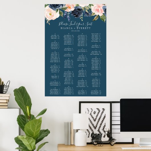 Blush- en Navy Blue Alfabetical Seating Chart Poster (Thuiskantoor)