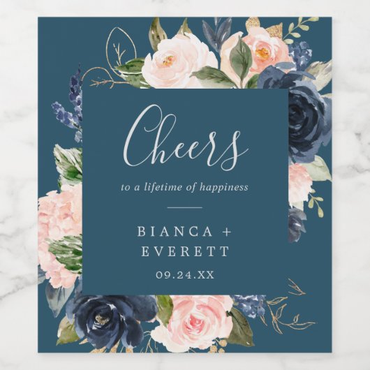 Blush en Navy Blue Cheers Wedding Wine Labels Wijn Etiket (Enkel label)