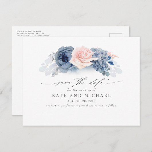 Blush en Navy Blue Floral Boho Save the Date Briefkaart (Voorkant / Achterkant)