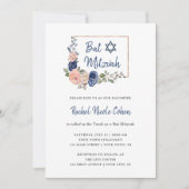Blush en Navy Blue Floral Geometric | Bat Mitzvah Kaart (Voorkant)