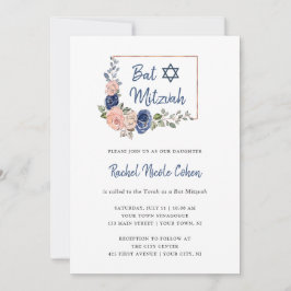 Blush en Navy Blue Floral Geometric | Bat Mitzvah Kaart