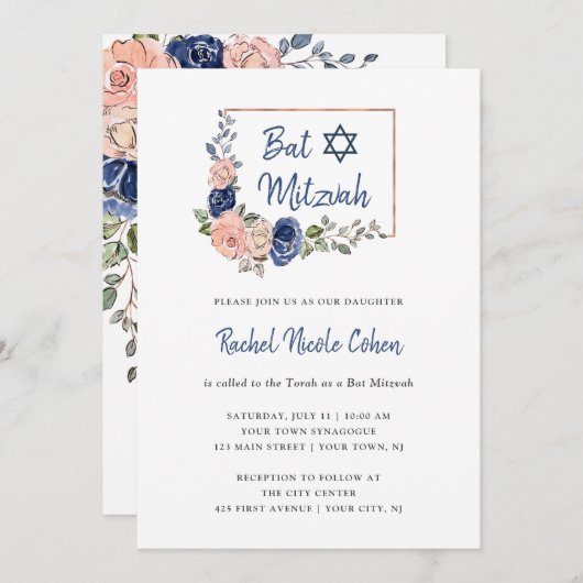 Blush en Navy Blue Floral Geometric | Bat Mitzvah Kaart (Voorkant / Achterkant)