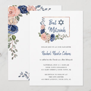 Blush en Navy Blue Floral Geometric   Bat Mitzvah Kaart