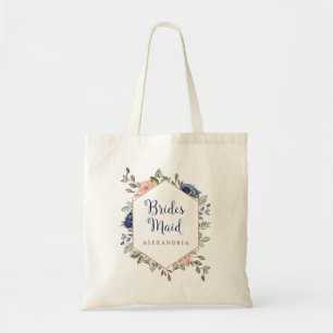 Blush en Navy Blue Floral Geometric   Bridesmaid Tote Bag