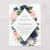 Blush en Navy Blue Floral Lijst QR Code Wedding Uitnodiging Briefkaart (Voorkant)