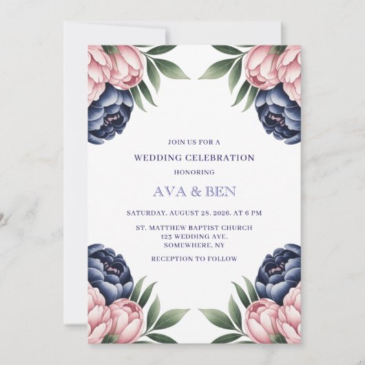 Blush en Navy Blue Peony bruiloft Kaart (Voorkant)