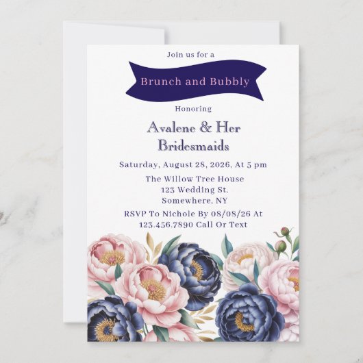 Blush en Navy Blue Peony Brunch en Bubbly Kaart (Voorkant)
