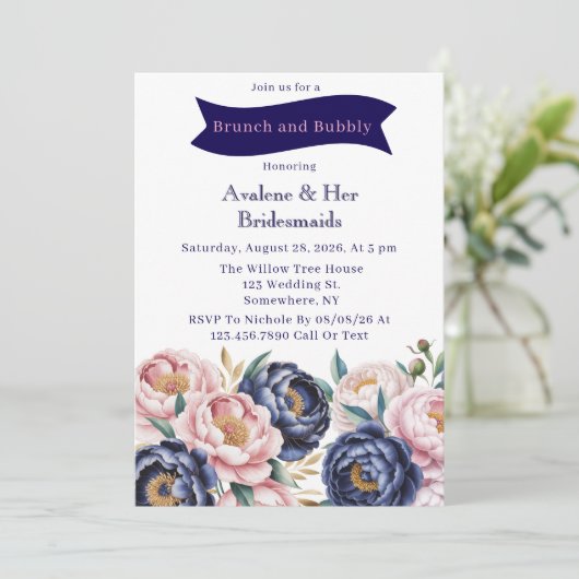 Blush en Navy Blue Peony Brunch en Bubbly Kaart (Staand voorkant)