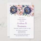 Blush en Navy Blue Peony Couples Douche Kaart (Voorkant)