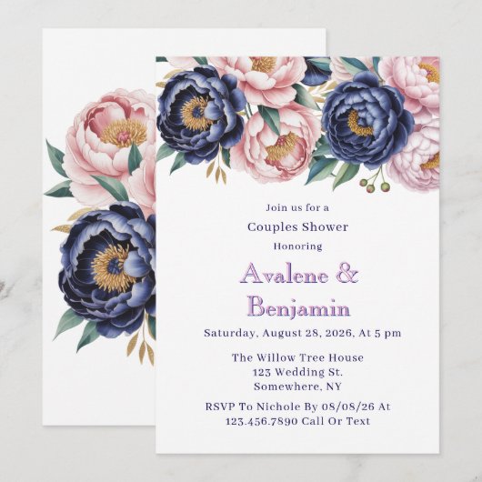 Blush en Navy Blue Peony Couples Douche Kaart (Voorkant / Achterkant)