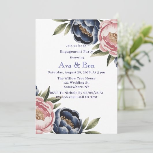 Blush en Navy Blue Peony Engagement Party Kaart (Staand voorkant)