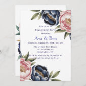 Blush en Navy Blue Peony Engagement Party Kaart (Voorkant / Achterkant)
