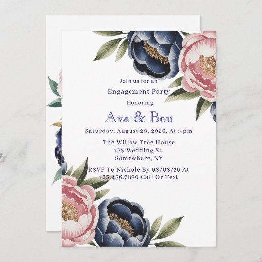 Blush en Navy Blue Peony Engagement Party Kaart (Voorkant / Achterkant)