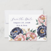 Blush en Navy Blue Peony Wedding Save the Date (Voorkant)