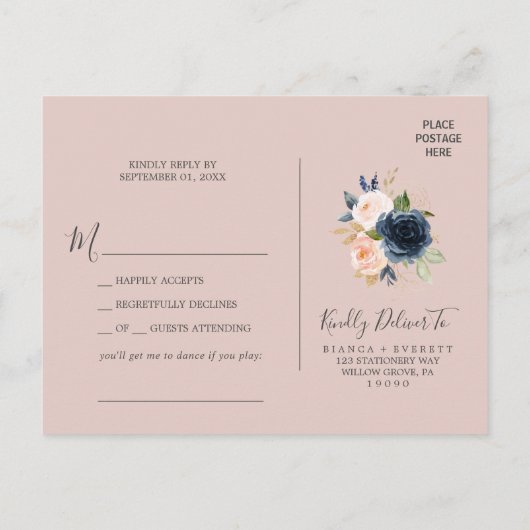 Blush en Navy Blue Song Request RSVP Briefkaart (Achterkant)
