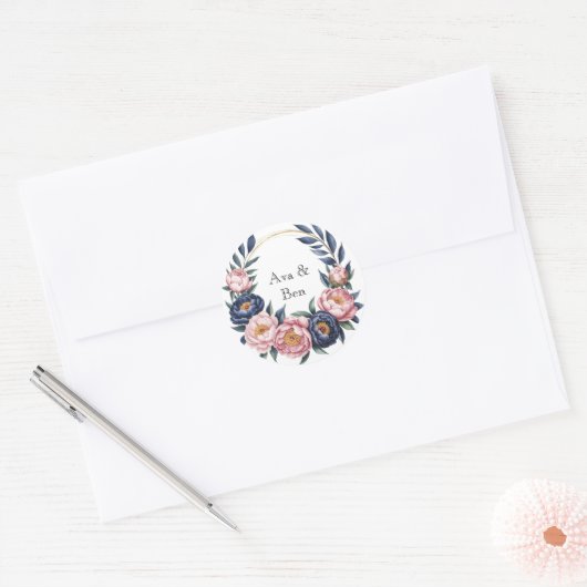 Blush en Navy Blue Wedding Ronde Sticker (Envelop)
