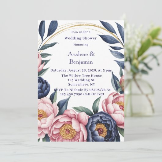 Blush en Navy Blue Wedding Shower Kaart (Staand voorkant)