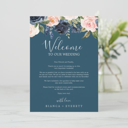 Blush en Navy Blue Welcome Letter & Itinerary (Staand voorkant)