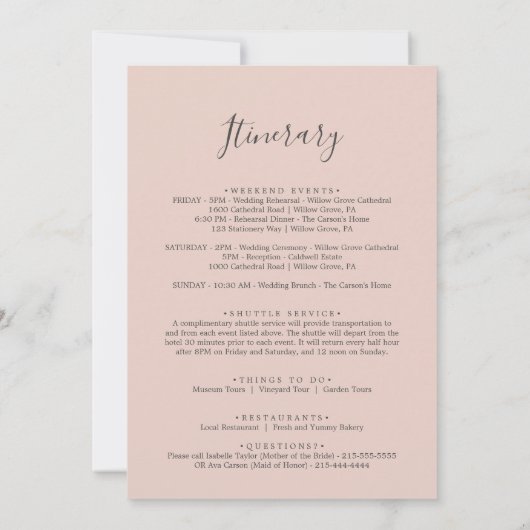 Blush en Navy Blue Welcome Letter & Itinerary (Achterkant)