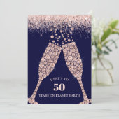 Blush en Navy Champagne Toast 50e Verjaardagsfeest Kaart (Staand voorkant)