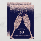 Blush en Navy Champagne Toast 50e Verjaardagsfeest Kaart (Voorkant / Achterkant)